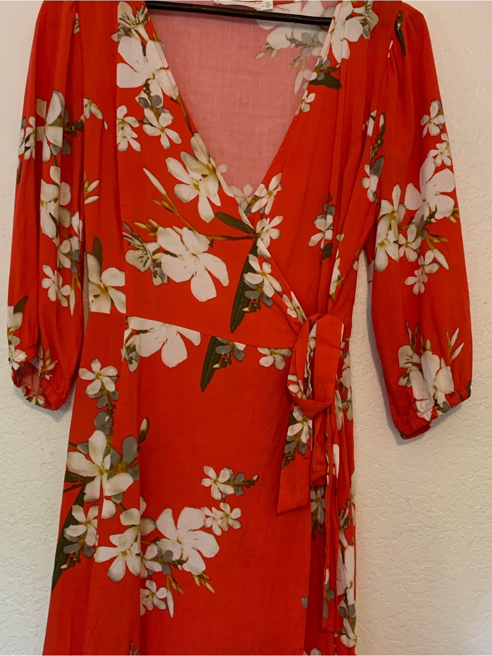 Lush Red Floral Wrap Midi Dress with White Blooms